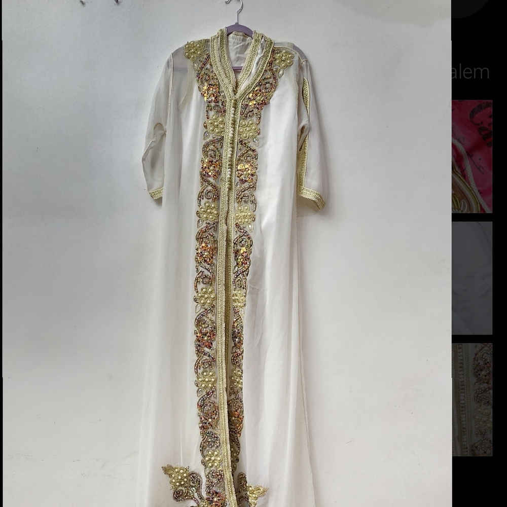 Elegant White and Gold Embroidered Kaftan Moroccan Abaya